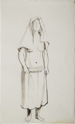 Stehende halbverhüllt, Tusche auf Papier, ca. 1949, 44,8 × 27 cm