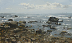 Steinküste/Gegenlicht I, Öl auf Hartfaser, 2012, 30 × 50 cm