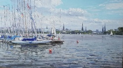 Segelboote an der Alster, Öl auf Leinwand, 2022, 42 &times; 68 cm