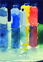Farbflaschen im Regen, Aquarell, 2007, 16,5 &times; 11 cm