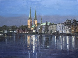 Abendstimmung mit Dom und Mühlenteich, Öl auf Leinwand, 60 &times; 80 cm