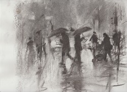 In der Stadt - Regen, Kohle auf Papier, 2016, 25 &times; 28 cm