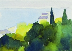 Korsisches Dorf vorm Meer, Aquarell, 2007, 12 &times; 17 cm