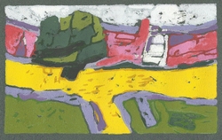 Raps vor rotem Haus, Linolschnitt, 2019, 14 &times; 23 cm