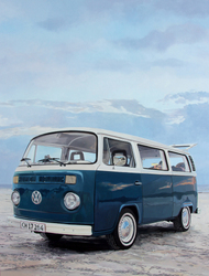 VW T2 am Vejers Strand, Öl auf Pappe auf Holz, lackiert, 2025, 65 &times; 50 cm