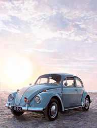 VW Käfer blau am Vejers Strand, Öl auf Pappe auf Holz, lackiert, 2025, 50 &times; 65 cm