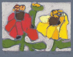Zinnien gelb/rot, Linolschnitt, 2010, 10,7 &times; 15,2 cm