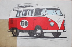 JUNILLÄUMSBULLI 50, Acryl/Collagen auf MDF, 2019, 30,5 &times; 46,5 cm