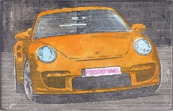 porschefimmel (gelb), Acryl/Collagen auf MDF, 2016, 15,5 &times; 24 cm