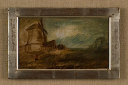 Windmühle in herbstlicher Landschaft, Öl auf Papier/Hartfaserplatte, 10,5 × 18,6 cm