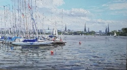 Segelboote an der Alster, Öl auf Leinwand, 2022, 42 × 68 cm