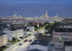 Abendlicher Blick auf Lübeck von der Lohmühle, Öl auf Leinwand, 50 × 70 cm