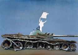 Irgendwo ist immer Krieg IV./14 (Welche Farbe hat die Fahne der Freiheit?), Öl auf Schichtholz, 2014, 30 × 42 cm