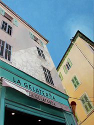 Cannes 8 - La Gelateria, Öl auf Pappe auf Holz, lackiert, 2026, 65 &times; 50 cm