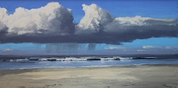 Regenschauer am Weststrand, Öl auf Leinwand, 70 × 140 cm