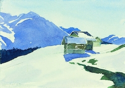 Gehöfte im Schnee, Aquarell, 2007, 17 × 24 cm