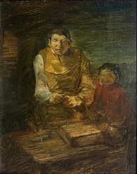 Bauer mit Kind am Tisch