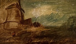 Windmühle in herbstlicher Landschaft, Öl auf Papier/Hartfaserplatte, 1870-93, 10,5 × 18,6 cm