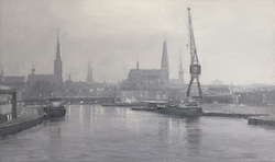 Lübecker Hafen im Nebel, Öl auf Leinwand, 60 × 100 cm