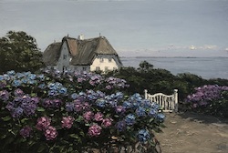 Haus mit Hortensien, Öl auf Leinwand, 40 × 60 cm