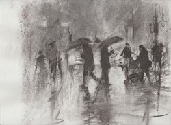 In der Stadt - Regen, Kohle auf Papier, 2016, 25 × 28 cm