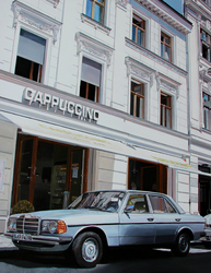 Mercedes Benz Berlin Capuccino, Öl auf Pappe auf Holz, 2020, 65 × 50 cm