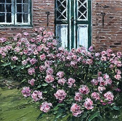 Rosen vor Friesenhaus, Öl auf Leinwand, 2020, 50 × 50 cm