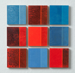 Vibrant Orange & Blue, Mischtechnik auf Schichtholz, 9 × 9 cm
