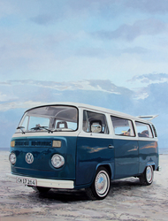VW T2 am Vejers Strand, Öl auf Pappe auf Holz, lackiert, 2025, 65 &times; 50 cm