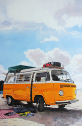 VW T2 Strandausflug, Öl auf Pappe auf Holz, 2026, 100 &times; 65 cm