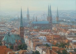 Luftansicht Lübeck, Öl auf Leinwand, 50 × 70 cm
