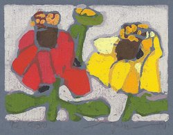 Zinnien gelb/rot, Linolschnitt, 2010, 10,7 × 15,2 cm