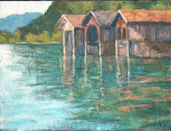Bootshäuser am Walchensee, Öl auf Leinwand, 2006, 30 × 40 cm