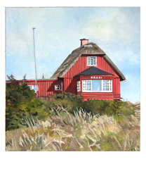 Polaroid 29: Dünenhaus 2, Öl auf Pappe auf Holz, 2023, 10,6 × 8,8 cm