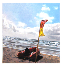 Polaroid 64: Rettungsboot, Öl auf Pappe auf Holz, lackiert, 2025, 10,6 &times; 8,8 cm